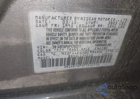 2015 Nissan Sentra S z USA, uszkodzony, nr VIN 3N1AB7AP4FY252211